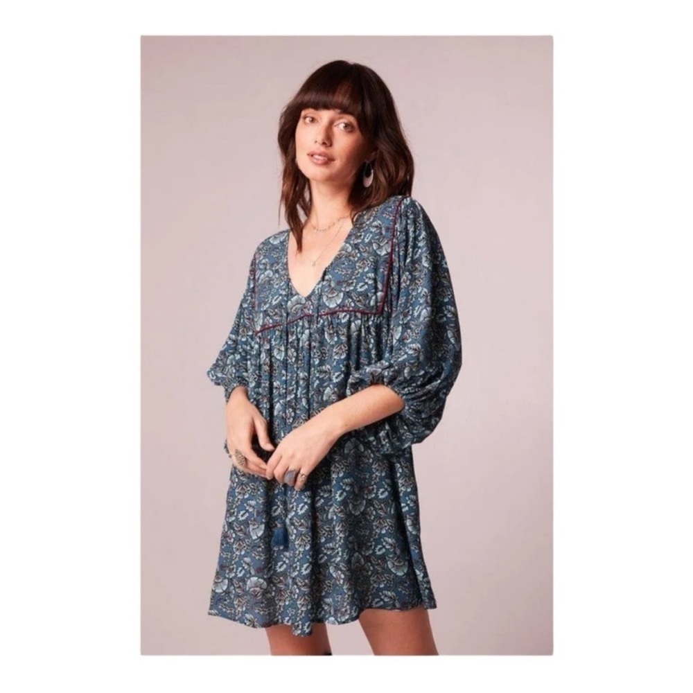 Band Of The Free Mallory Teal Aqua Floral Babydoll Boho Mini Dress Size XS
